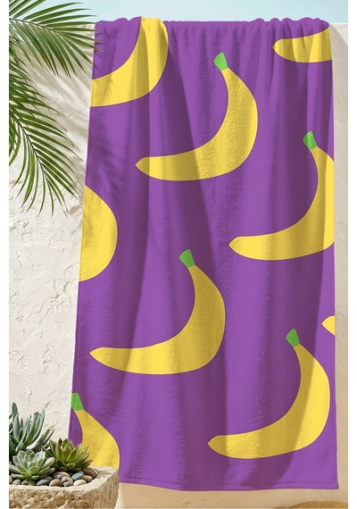 Muz Temalı Mor Sarı Plaj Havlu Örtüsu - Modern Tropikal Pop Art Hızlı Kuruyan Mikrofiber Havlu Örtü Ayaz Leylak
