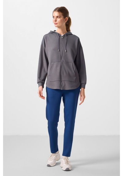 Tommylıfe Koyu Gri Yumuşak Dokulu Kapüşonlu Oversize Kadın Tunik Sweatshirt - 97302