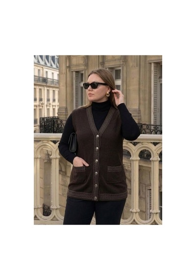 Onno Style Women Bantı Hasır Desenli Çelik Örgü Klasik Triko Yelek Siyah