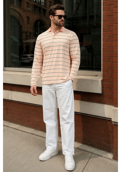Madmext Pudra Regular Fit Çizgili Polo Yaka Erkek Tişört E7192