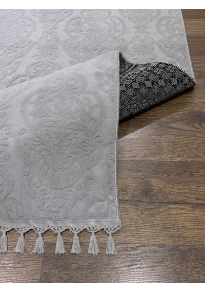 Rölyef Gri Joy Pon Pon Saçaklı Modern Yumuşak Dokulu Kabartmalı Kaymaz Taban Halı Yolluk