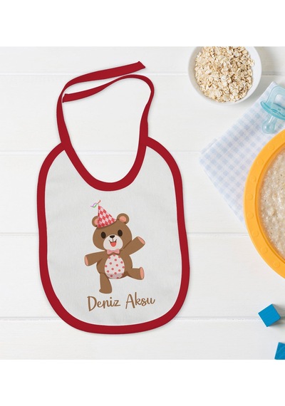 Arba BK Kids Kişiye Özel Sevimli Ayı Tasarımlı Kırmızı Bebek Mama Önlü Kırmızı