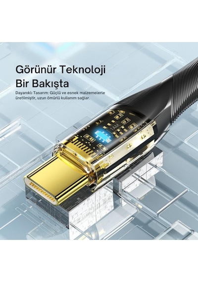 Essager 1 Metre 7a 100w Led Işıklı Süper Hızlı Usb To Type C Şarj Data Kablosu, Akım,ısı, Güçlü Kablo