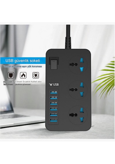 3000w 3 Ac Çıkışları Ve 6 Usb Şarj Portu Akım Korumalı Grup Priz