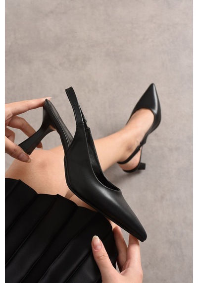 Dabab Shoes Kadın Siyah Cilt Sade Arkası Açık Sivri Burun İnce Topuklu Ayakkabı