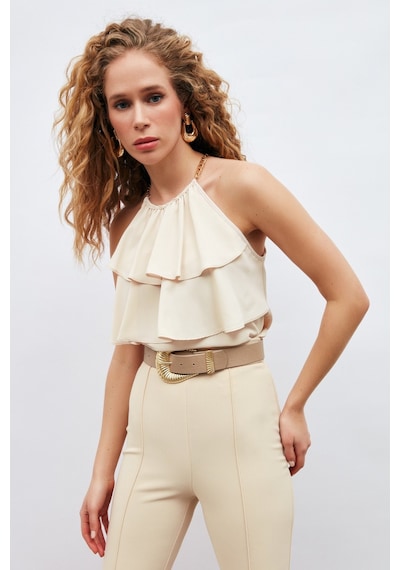 Sateen Zincir Detaylı Volanlı Bluz - Bej