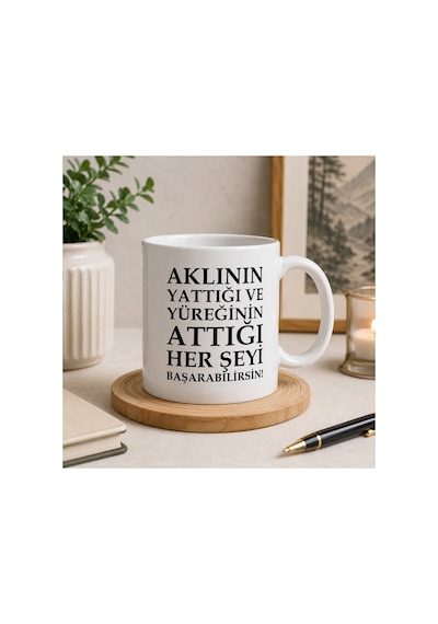 Motivasyon Serisi Aklının Yaptığı Ve Yüreğinin Attığı Her Şeyi Başarabilirsin Çift Taraflı Baskılı Seramik Kupa 300 Ml Premium Kahve Kupası Beyaz