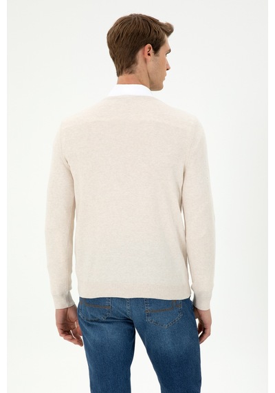 U.S. Polo Assn. Erkek Slim Fit V Yaka Krem Melanj Basic Kazak 50294764-VR159