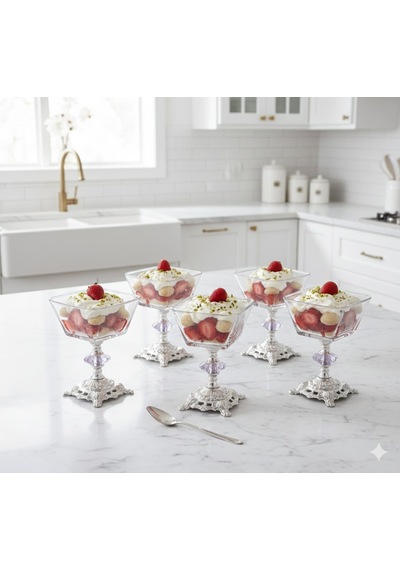 Çnr Home Collection Kare 6 Parça Döküm Ayakli Sunum Seti Magnolia Dondurmalik Cup Çerezlik Gümüş