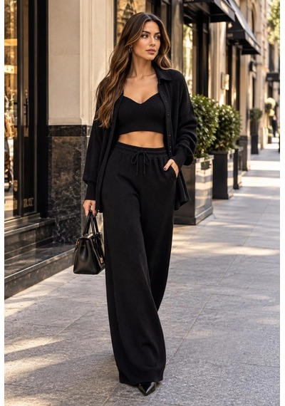 Tencelle Woman Kadın Siyah Örme 3 Lü Takım Gömlek Büstiyer Ve Bol Paça Pantolon Set