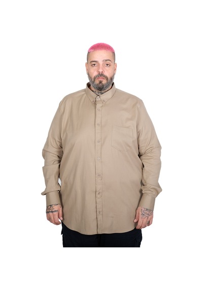 Mode Xl Büyük Beden Erkek Uzun Kollu Gabardin Cepli Gömlek 25604 Bej Bej