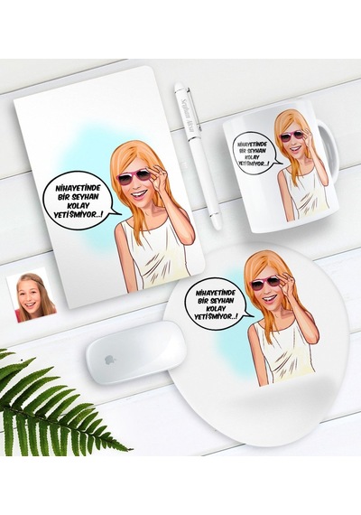 Kişiye Özel Bayan Kolay Yetişmiyor Karikatürlü Defter Kalem Kupa Mouse Pad Seti-4