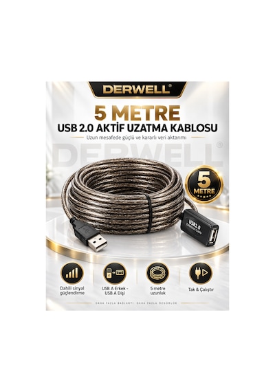 Yeni 2026 5 Metre Usb 2.0 Aktif Uzatma Kablosu Dahili Güçlendirilmiş Sinyal Çipli Kopma Donma Yapmaz Tak Çalıştır Erkek Dişi Yüksek Hızlı Kararlı Veri Aktarım Kablosu Gold Seri Premium