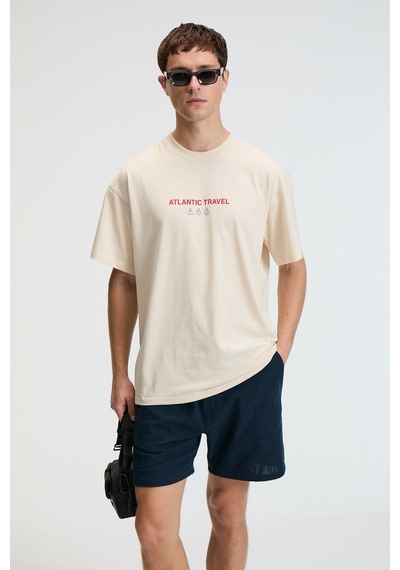 Grimelange CRUNCH Erkek Oversize %100 Pamuk Baskılı Yuvarlak Yaka Vanilya T-Shirt