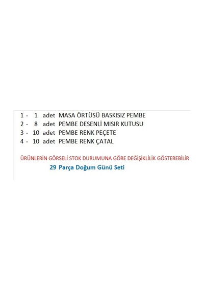 Pembe Masa Örtüsü, 10 Adet Peçete, 10 Adet Çatal, 8 Adet Mısır Kutusu