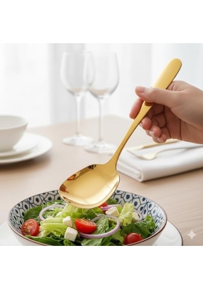 Premium Altın Kaplama Paslanmaz Çelik Servis Kaşığı 21 Cm Şık Ve Dayanıklı Sunum Kaşığı Açık Ahşap