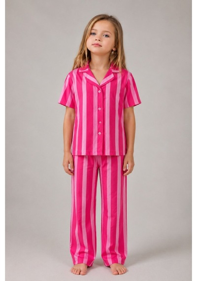 Kız Çocuk Çizgili Gecelik Pembe Pijama Takımı