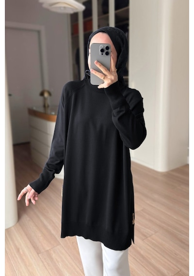 Kahijab Yan Fermuar Basic Merserize Tunik - Siyah