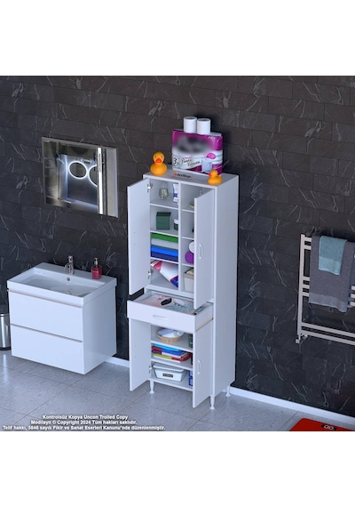 Modilayn Yeni Afra 60 X 173 X 32,5 Cm 1 Çekmece 4 Kapak 7 Raf 10 Bölme Çok Amaçlı Banyo & Mutfak Dolabı Beyaz