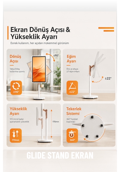 Tochı Glide Stand 32 Inç Android Dokunmatik Akıllı Ekran Full Hd Taşınabilir Ayaklı Şarjlı Monitör Wi-fi Bluetooth Yatay Dikey