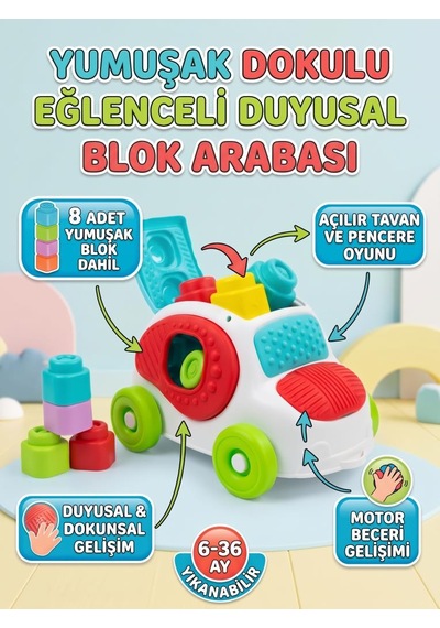 Clemen-toni Lisanslı Blok Arabası Eğitici Aktivite Oyun Seti 8 Adet Yumuşak Blok Dahil 6-36 Ay