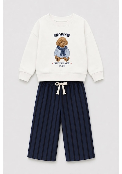 Monila Erkek Çocuk Ekru Ayıcık Baskılı Sweatshirt Ve Lacivert Çizgili Eşofman Alt Üst Takım