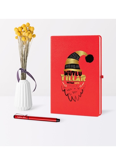 Kişiye Özel Yılbaşı Mutlu Yıllar Temalı Kırmızı Defter Kalem Seti - 8
