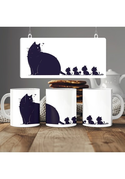 Siyah Kedi Ailesi Tasarım Kupa Bardak - Minimal Kedi Figürlü Hediye Bardak Beyaz