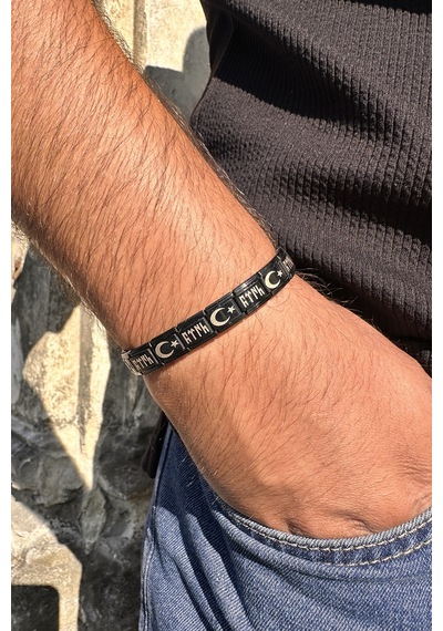 Ay Yıldızlı Göktürkçe Türk İtalyan Charm Unisex Çelik Bileklik Scb60 Siyah