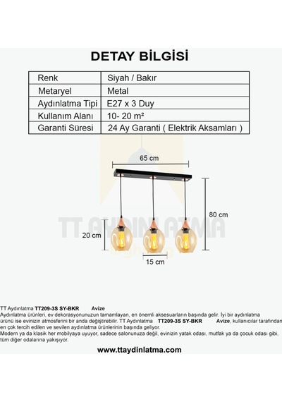 Tt209-3S-Sy Tt Aydınlatma Basık Camlı Siyah - Bakır 3 Lü Sıralı A