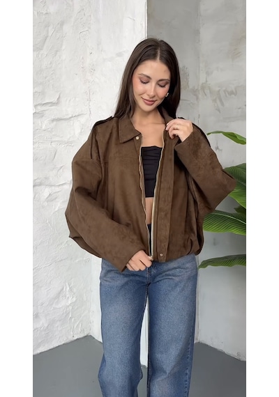 Prifaldi Premium Oversize Süet Bomber Ceket Kahverengı