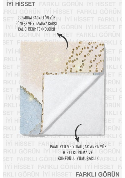 Mermer Dokulu Gold Detaylı Plaj Havlusu - Modern Bohem Mavi Bej Hızlı Kuruyan Mikrofiber Havlu Örtü Serin Zeytin
