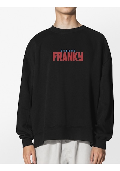 Unisex Siyah Franky Baskılı Hoodie Oversize Kapşonsuz Sweatshirt Siyah