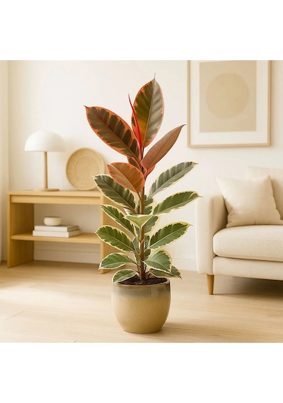 Pembe Alacalı Kauçuk Bitkisi Parlak Yapraklı Ficus Elastica 60-70 Cm
