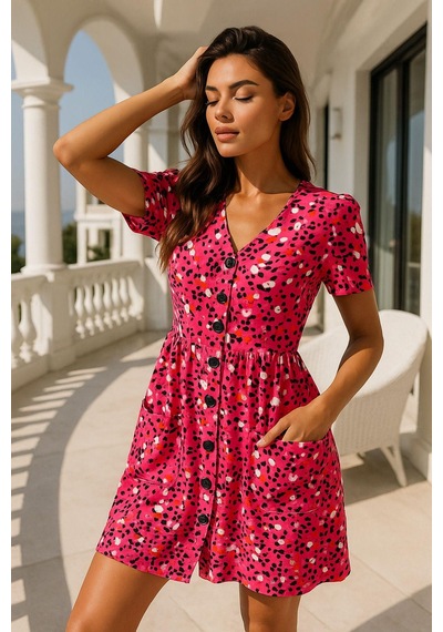 Rich Kadın Pembe Desenli Cep Detaylı Trend Elbise - Boydan Düğmeli Kısa Kollu Mini Elbise Pembe Rich Kadın Pembe Desenli Cep Detaylı Trend Elbise - Boydan Düğmeli Kısa Kollu Mini Elbise Pembe