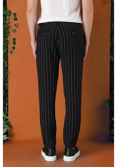Efor Comfort Fit Yandan Tokalı Çizgili Keten Casual Siyah Pantolon P 1151 Siyah