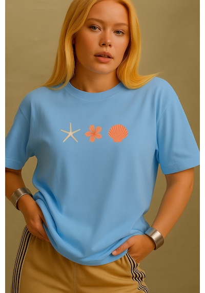 Uyguntarz Unisex İstiridye Kabuk Tasarım Basklı Tshirt Bebe Mavisi