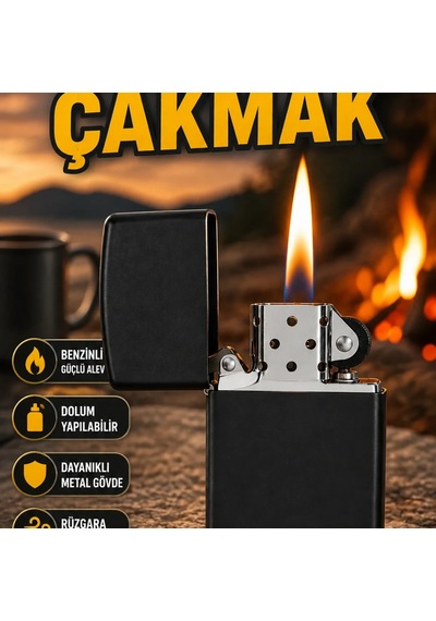 Doldurulabilir Siyah Metalik Benzinli Çakmak Şık Tasarım