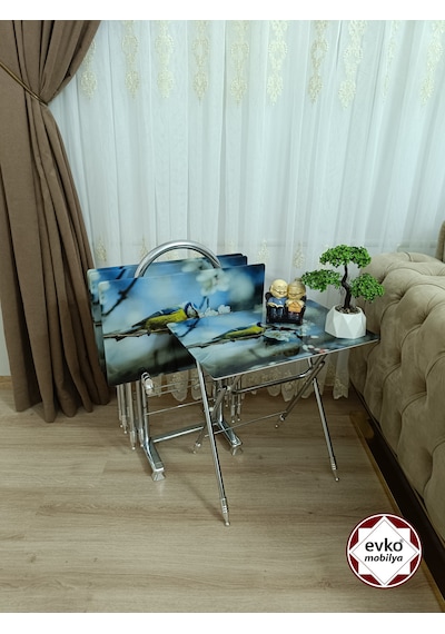 Evko Mobilya Çanta Zigon Sehpa, 4'lü Sehpa, Zigon Sehpa, Servis Sehpası, Camlı Sehpa, Katlanır Sehpa Yeni Kuş Mavi - Krem