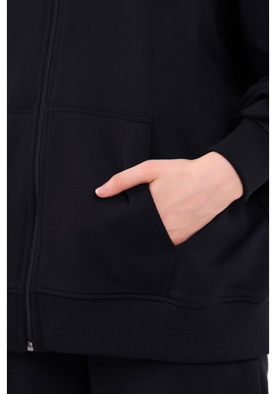MMetalic Siyah Kanguru Cepli Kapüşonlu Fermuarlı Oversize Kadın Sweatshirt Mtlcb73 Siyah