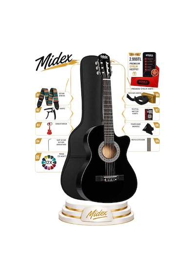 Midex CG - 395BK Siyah Klasik Gitar 4/4 Sap Ayarlı Kesik Kasa Full Set (Çanta Askı Pena)