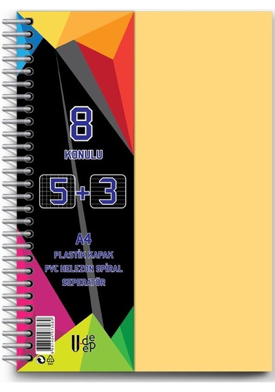 5+3 Ayraçlı Defter 8 Konulu 200 Yaprak 1 Adet 5 Kareli 3 Çizgili Spralli Plastik Kapak Seperatörlü Krem