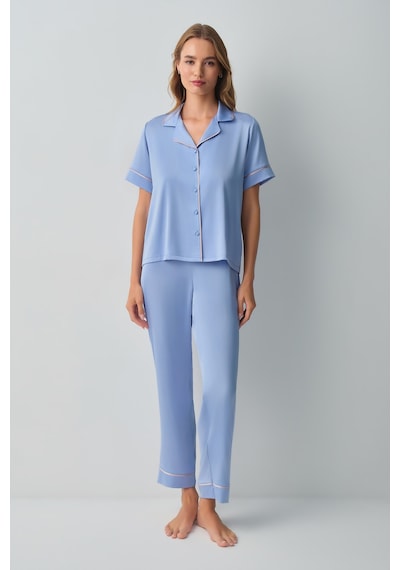 Suwen Clara Gömlek Yaka Pijama Takımı Wsh10510061015 Mavi
