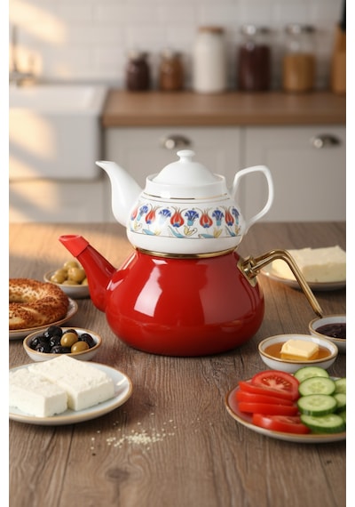 Kırmızı Dik Lale Desenli Porselen Üst 650 Ml Kırmızı Emaye Alt 1,25 Lt Çaydanlık Seti