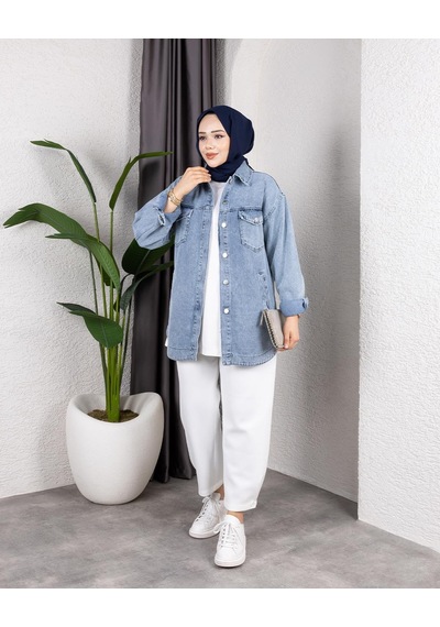 Hb Harma Time Butik Kadın Yıkamalı Cepli Denim Kot Mavi Ceket