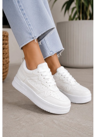 Mevese Avela Kalın Taban Bağcıklı Günlük Kadın Sneaker Beyaz Detaylı Kırık Beyaz