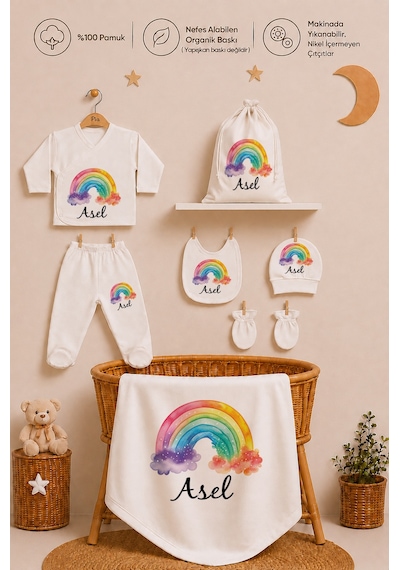 Pia Baby Kız Bebek Hastane Çıkışı 8 Parça %100 Pamuk İsimli Organik Baskılı Kese Hediye Zıbın Seti 1019zybk0x Krem