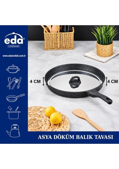 Eda Asya Döküm Granit Metal Kapaklı Balık Tavası Siyah