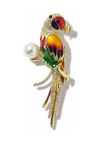 Papağan Broş 5 Cm Zirkon Taşlı İnci Detaylı Gold Renk Renkli