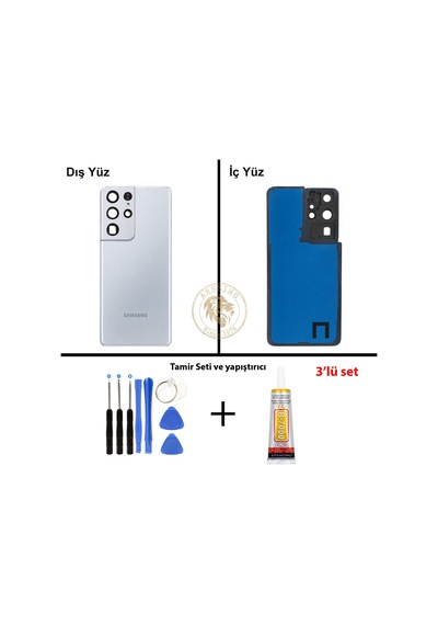 Samsung Galaxy S21 Ultra Gümüş Renk Lensli Arka Kapak + Tamir Seti + B7000 Yapıştırıcı Arka Cam Batarya Kapağı Pil Kapağı Lazer Kesim Back Cover Galaxy S21 Ultra Uyumlu